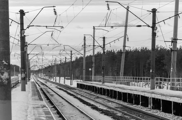 铁路与接近电动旅客列车 冬季旅行旅行 黑白照片 — 图库照片