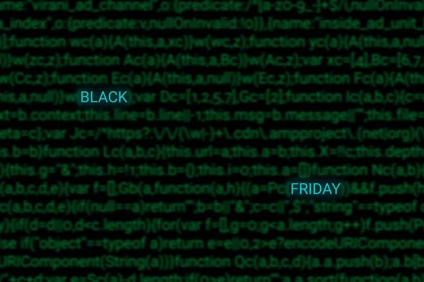 Black friday hacker concept. Digital sales in store market. Blurred green programming code background.