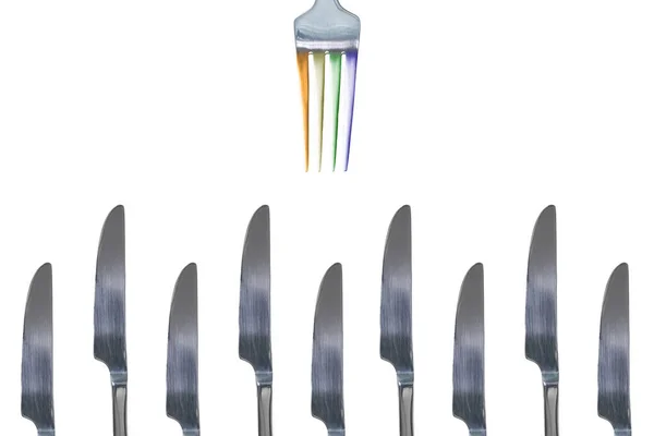 One Silver Shiny Fork Lot Knives Isolated White Background Lgbt — Stock Photo, Image