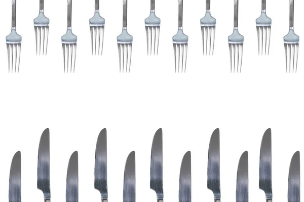 Mnoho Stříbrné Lesklé Vidličky Nože Izolované Bílé Pozadí Koncept Kopie — Stock fotografie