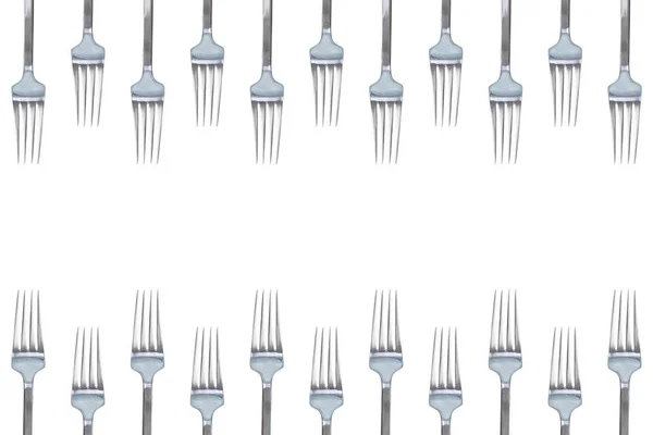 Lot Silver Shiny Forks Isolated White Background Concept Copy Space — Stock Photo, Image