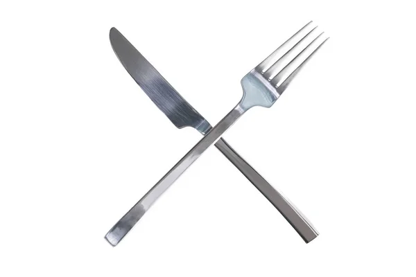 Crossed Silver Shiny Fork Knife Isolated White Background Time Break — Stock Photo, Image