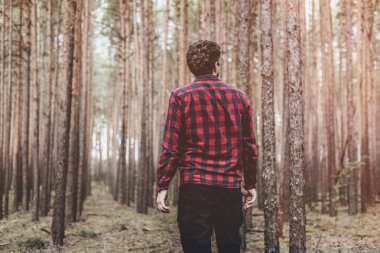 Kırmızı ekose gömlek ve siyah askeri pantolon adam çam ormanında kaybetti. Boşluk Kopyala. Tonda
