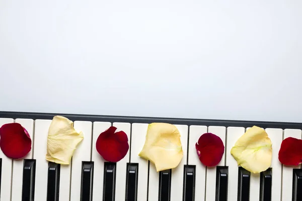 Клавиши для фортепиано с лепестками красного и белого цветов розы, изолированные, сверху — стоковое фото