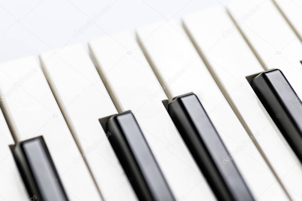 Piano keys close up view. Classical music instrument for playing