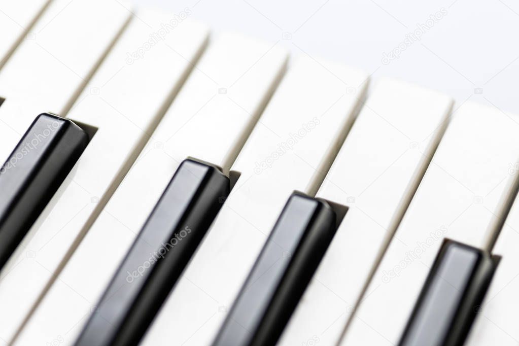 Piano keys close up view. Classical music instrument for playing