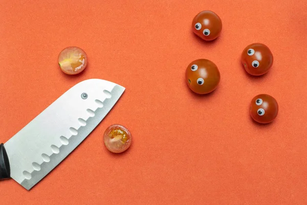 Divertente concetto di cucina con pomodorini e coltello, spazio copia — Foto Stock