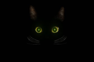 Kara kedi konsepti, karanlık gizemli tarz. Parlayan sarı yeşil c