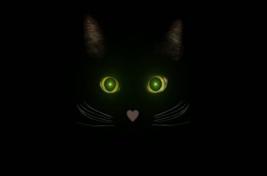 Sevimli siyah kedi kavramı, karanlık gizemli tarzı. Parlayan kedi gözleri 