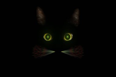 Kara kedi konsepti, karanlık gizemli tarz. Parlayan yeşil kedi gözleri