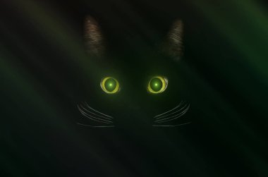 Kara kedi konsepti, karanlık gizemli tarz. Parlayan yeşil kedi gözleri