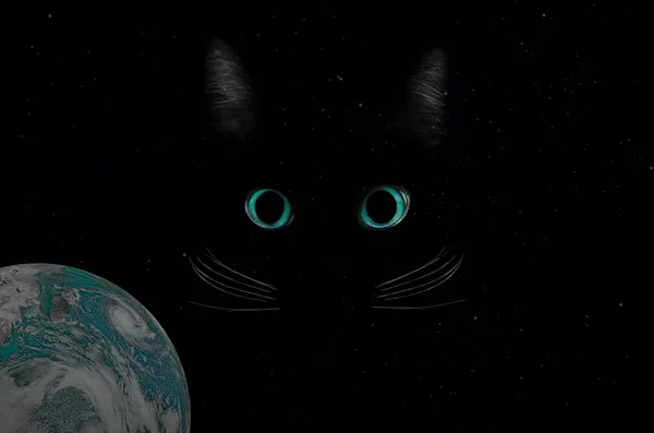 Svart katt koncept i rymden, mörk mystisk stil. Glödande blå — Stockfoto