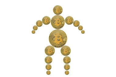 Bitcoin kripto para paralarından toplanan insan (manken veya manken) kavramı. Yalıtılmış beyaz arka plan