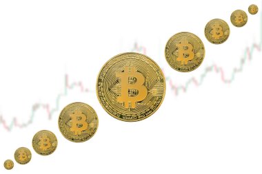 Fiyat artışı (boğa piyasası) gösteren bitcoin kripto para fiziksel sikke ile kavram görüntüsü. Ticaret grafiği arka planı