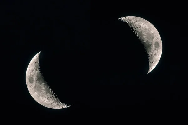 Két fél Moons közelről koncepció. Fekete mély kozmoszban tér háttér. Lemezterület másolása — Stock Fotó