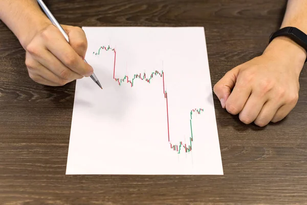 Affärsman sitter vid bordet och håller pennan i höger hand. Det finns pappersark med ett börsdiagram på bordet. Koncept foto. — Stockfoto