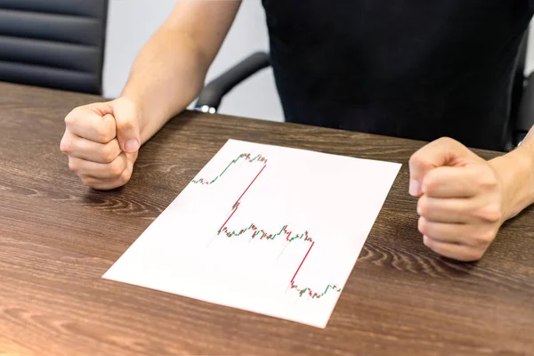 Mann sitzt am Tisch. Auf dem Tisch liegen Zettel mit einem Handelsdiagramm. Wütende Geste mit den Händen. Konzeptfoto. — Stockfoto