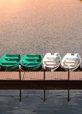 Romantik nehir yürüyüşü veya balıkçılık için kürekli tekneler ile Pier. Rowbo