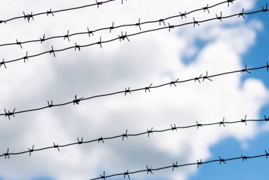 Ülke sınırında dikenli tel. Barbwire yasağı için çit üzerinde