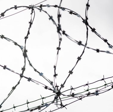 Ülke sınırında dikenli tel. Barbwire yasağı için çit üzerinde