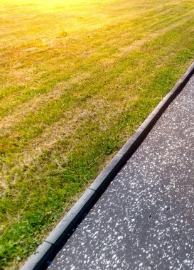 Işık ile kamu parkta manikürlü biçilmiş çim arasında Kaldırım 