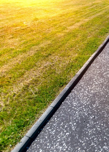Sidewalk between manicured mowed lawn in public park with light