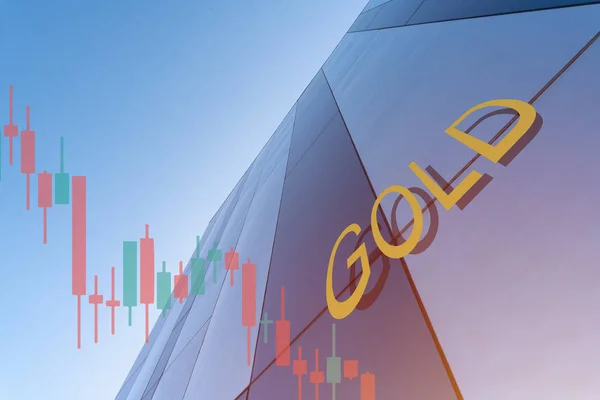 Altın kelime ve pazar grafikleri iş merkezi arka plan üzerinde. Ticaret, yatırım veya finansal kavram. Teknik fiyat grafiği ve göstergesi, kırmızı ve yeşil mum çubuğu grafiği.