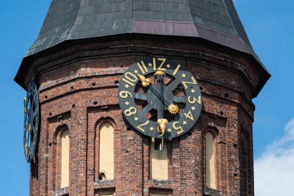 Klocktornet i Konigsbergs domkyrka. Tegelstens monument i gotisk stil i Kaliningrad, Ryssland. Immanuel Kant ö. — Stockfoto