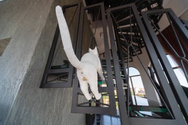 Zelenogradsk, Rusya - 06.18.2019 - Murarium kediler müzesi. Krantz su kulesinde sanat kedileri koleksiyonu. Kedilerle hatıralar, heykelcikler ve oyuncaklar