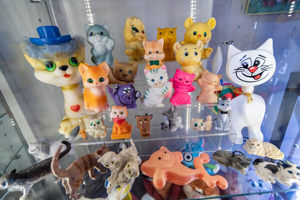Zelenogradsk, Russia - 06.18.2019 - Murarium cats museum. Art cats collection in Krantz water tower. Souvenirs, figurines and toys with cats