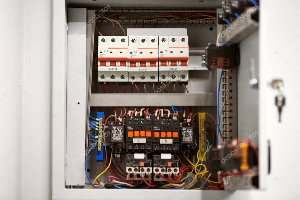 Circuit breaker in switch box. Control voltage switchboard. Distribution board for control electrical voltage in house or office.