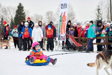 VERKHOSHIZHEMYE, RUSSIA - 03.07.2020 - kızaklı köpekle kar borusunda küçük bir çocuk. Komik kış sporu aktivitesi, iç lastiğe binmek. Tatillerde iyi aile tatilleri. Kar borusu
