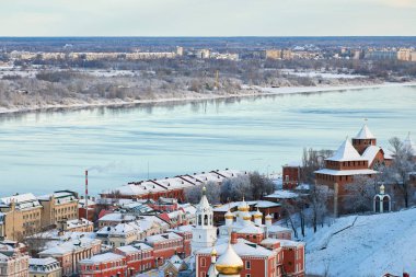 Nizhny Novgorod, Rusya - 01.01.2020 - Nizhny Novgorod kremlin, kış şehri. Şehir merkezindeki Gorky şehri sabahın erken saatlerinde.