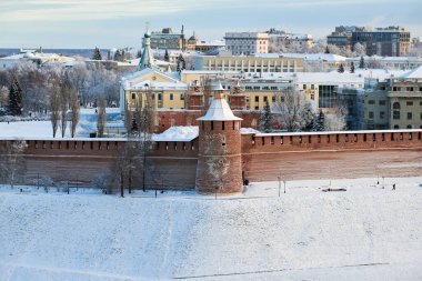 Nizhny Novgorod, Rusya - 01.01.2020 - Nizhny Novgorod kremlin, kış şehri. Şehir merkezindeki Gorky şehri sabahın erken saatlerinde.
