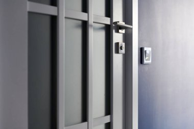 Kapı kolu olan beyaz bir iç kapı. Modern dairede mavi duvar, yakındaki elektrik düğmesi. Odaların arasındaki ahşap kapı. Şık koridor tasarımı