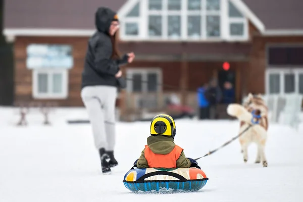 Verkhoshizhemye Russie 2020 Kleine Jongen Sneeuw Tubing Met Sledehond Grappige — Stockfoto