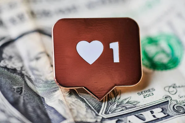 Like heart symbol on dollar. Like sign button, symbol with heart and one digit. Buy followers for social media network marketing. Cheap price concept.