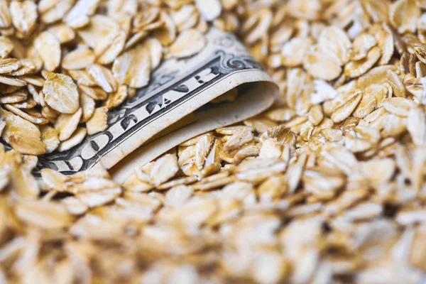 Dollar money in oat flakes. Oat export prices, economic concept. Decrease or increase in price of rolled oats production. American dollar in scattering of oatmeal groats.