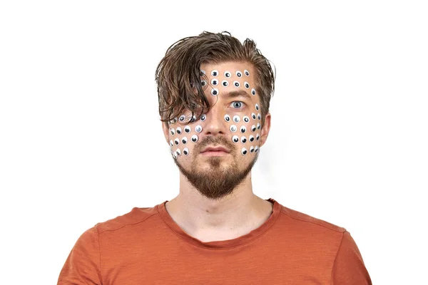 Funny Man Many Eyes Face Insect Vision Performance Art Concept — Stock Photo, Image