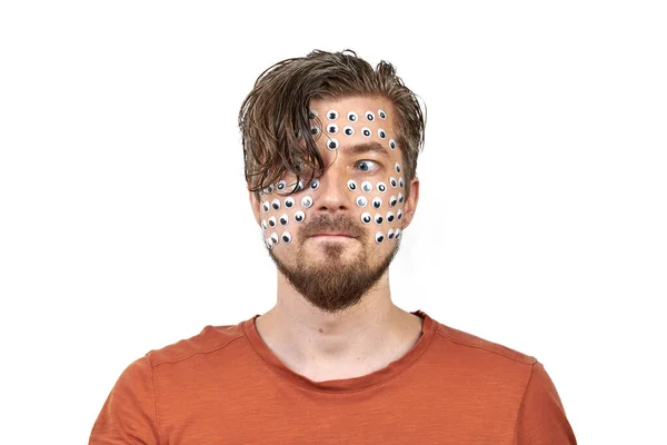 Grappige Man Met Veel Ogen Zijn Gezicht Insect Vision Performance — Stockfoto