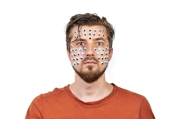 Grappige Man Met Veel Ogen Zijn Gezicht Insect Vision Performance — Stockfoto