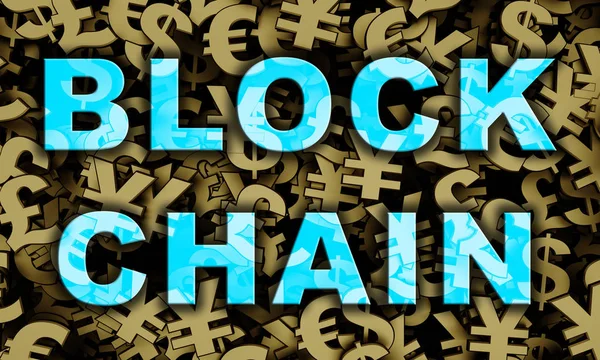 metin blockchain arka planda birçok altın para birimi sembolü. 3D render