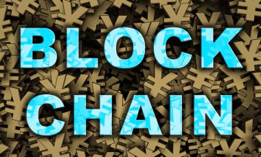 metin blockchain birçok altın yen arka plan sembolü. 3D render