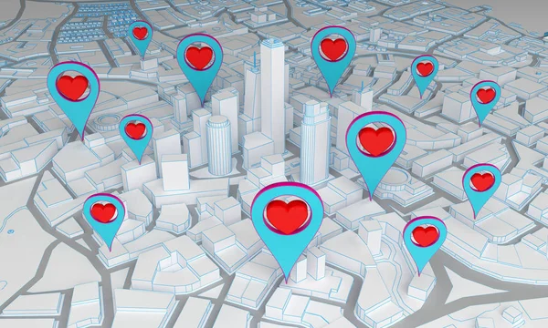 abstract city with pin symbols heart. 3d rendering