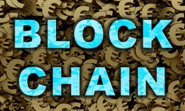 metin blockchain arka planda birçok altın euro simgesi. 3D render