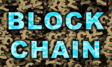 metin blockchain arka planda birçok altın Lirası sembolü. 3D render