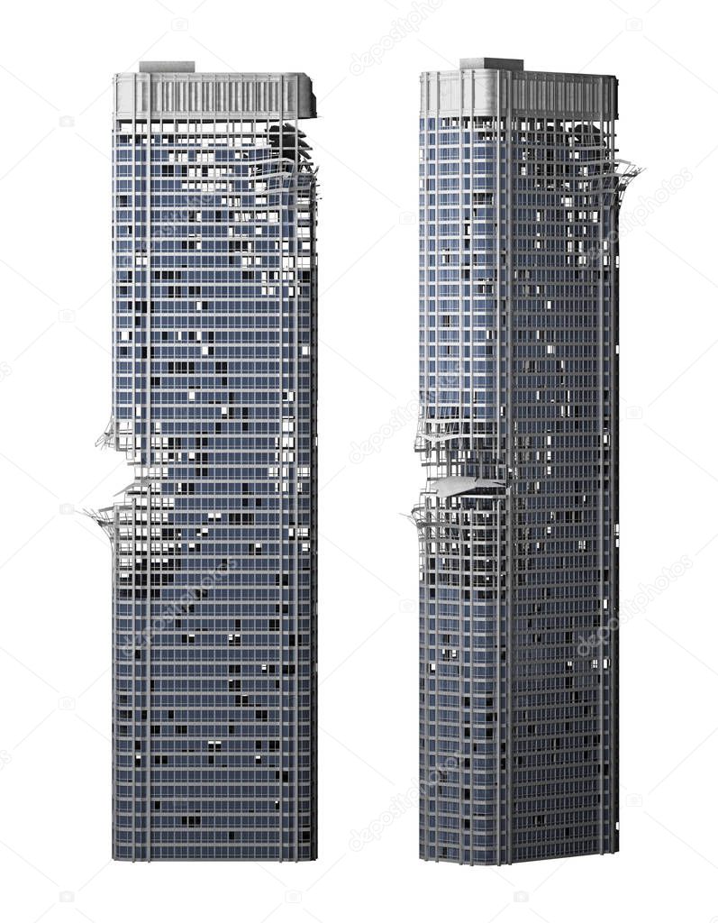 destroyed skyscraper building isolated on white. 3d rendering