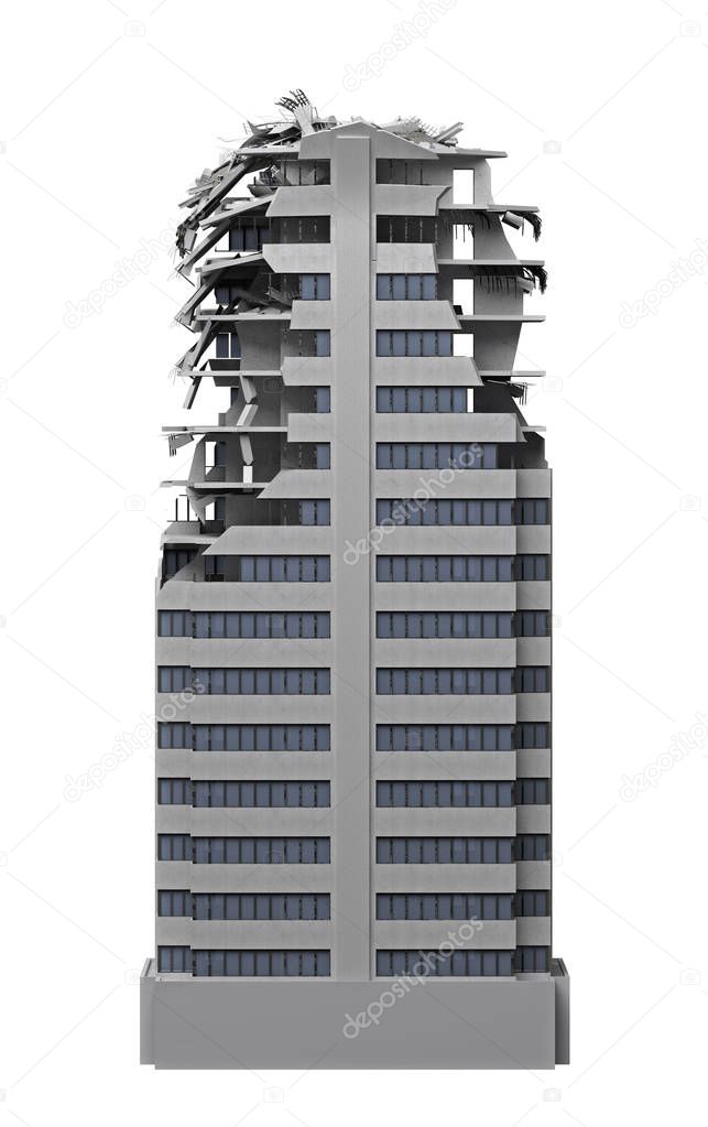 destroyed multi-storey building isolated on white. 3d rendering