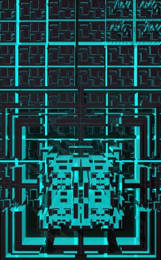 üç boyutlu siyah blok turkuaz aydınlatmalı arka plan. 3D render