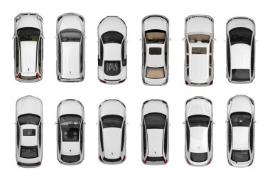 beyaz araba üzerinde beyaz üstten görünüm izole kümesi. 3D render